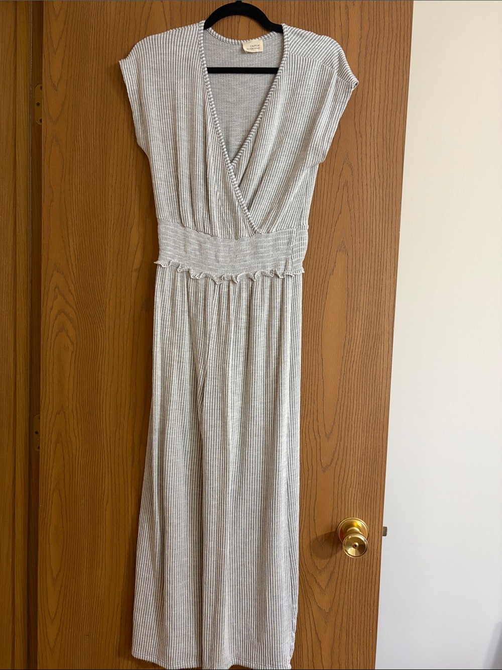 Women's Cream Ribbed Pants Jumpsuit with V-Neck